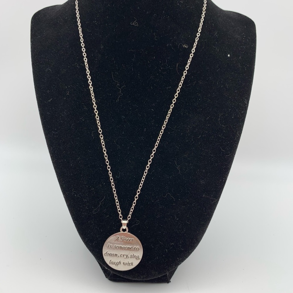Silver tone “Sister” double sided necklace